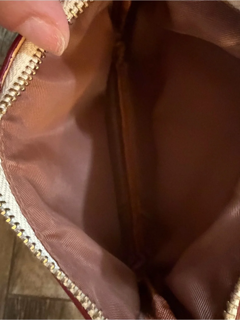 Beige Checkered Wristlet Clutch with Leather Trim